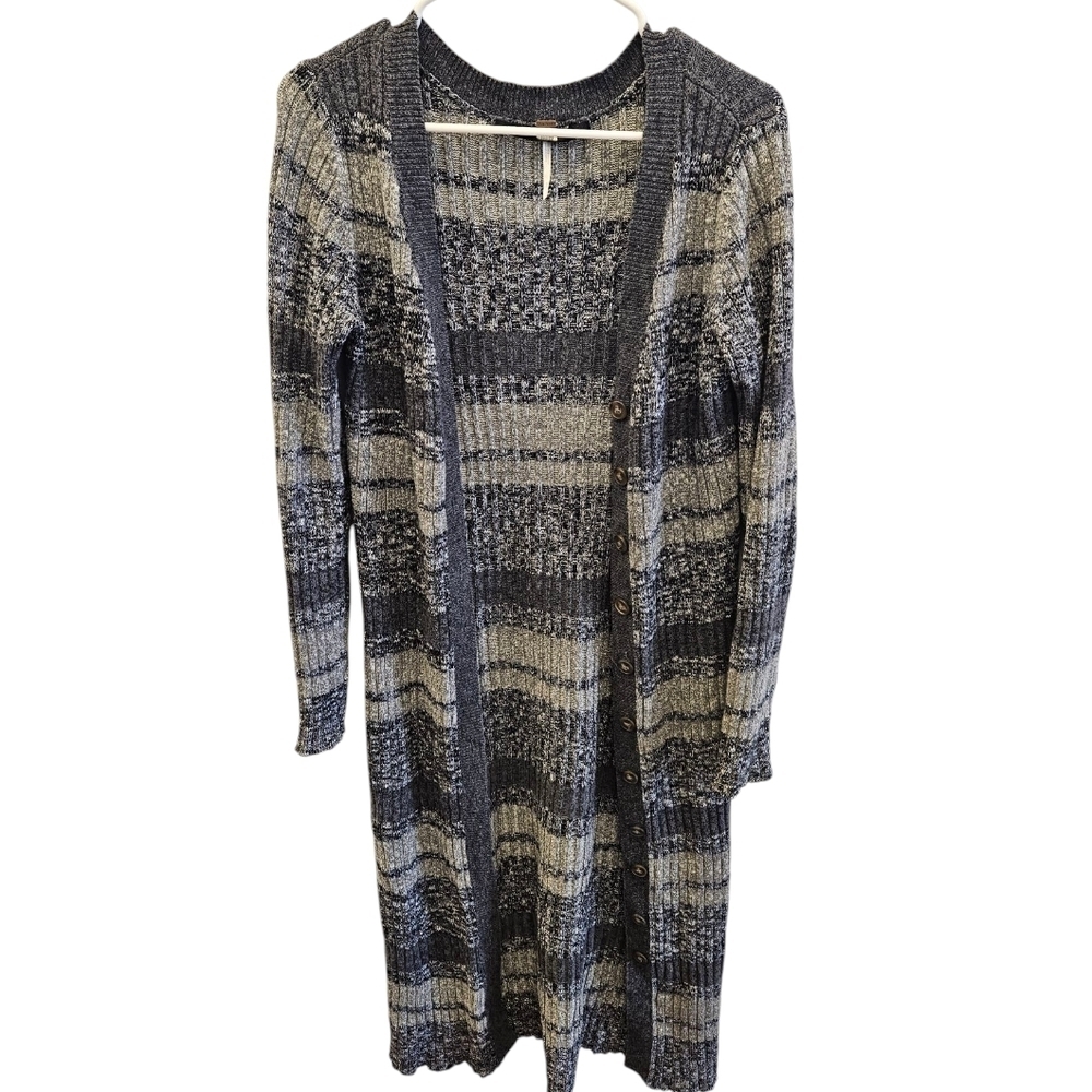 Free People Multi Gray Ribbed Long Sweater Cardigan Button Down